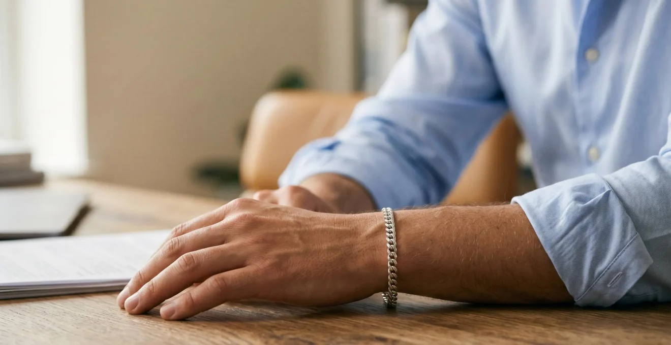 Gourmette masculine en argent massif portée avec élégance discrète sur un poignet d'homme en chemise sobre
