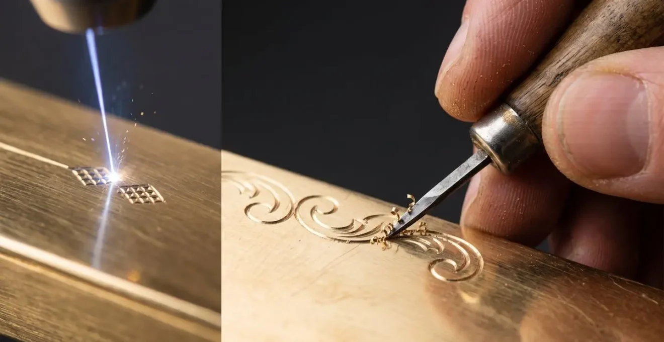 Comparaison visuelle entre gravure laser de précision et gravure manuelle sur bijoux en métaux précieux