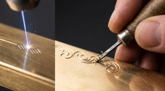 Comparaison visuelle entre gravure laser de précision et gravure manuelle sur bijoux en métaux précieux