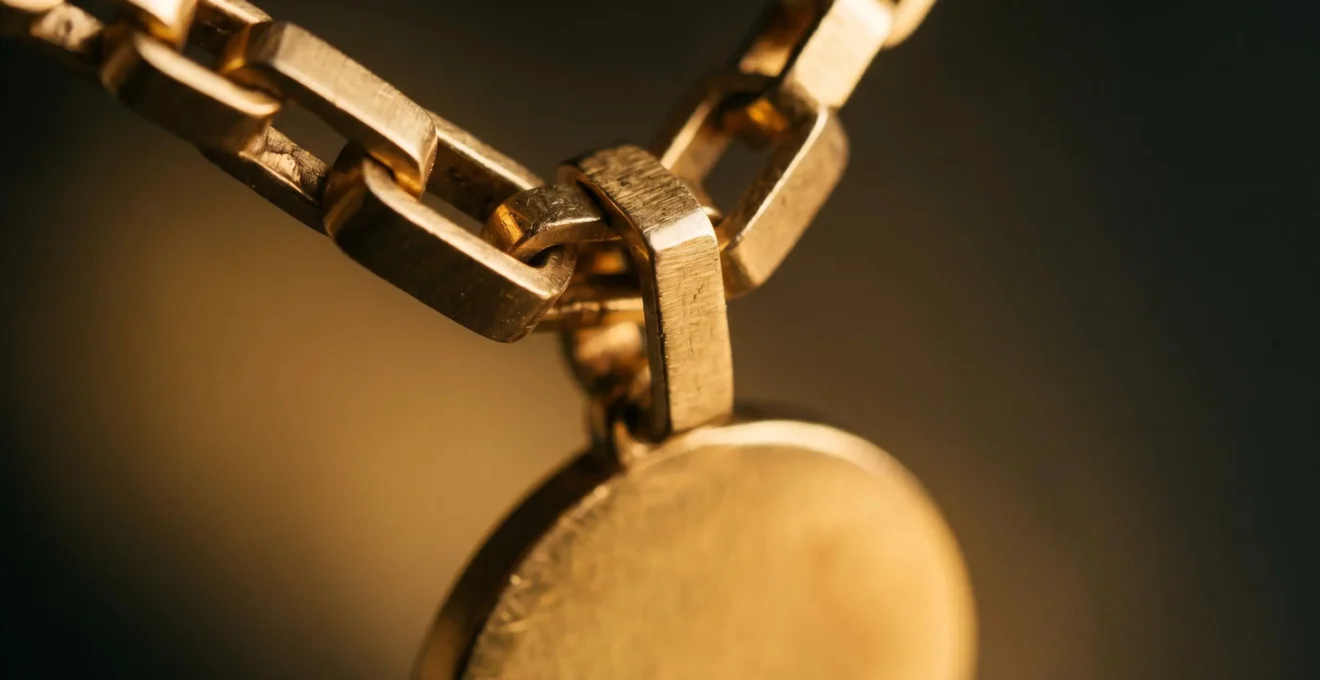 Détail macro d'une chaîne en or maille forçat anguleuse supportant une médaille, illustrant les surfaces plates de contact entre maillons
