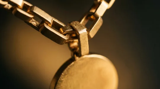 Détail macro d'une chaîne en or maille forçat anguleuse supportant une médaille, illustrant les surfaces plates de contact entre maillons