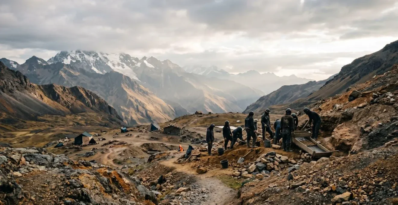 Scène de travail dans une mine artisanale de haute altitude au Pérou montrant l'environnement et les conditions de l'extraction d'or responsable