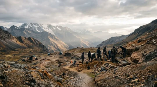 Scène de travail dans une mine artisanale de haute altitude au Pérou montrant l'environnement et les conditions de l'extraction d'or responsable