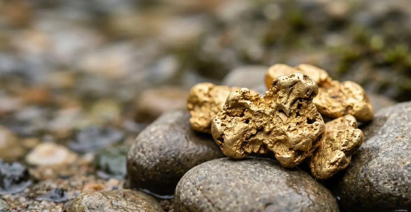 Gros plan sur des grains d'or brut éthique dans un environnement naturel épuré