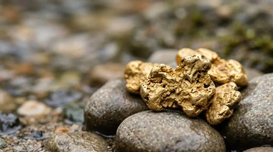 Gros plan sur des grains d'or brut éthique dans un environnement naturel épuré