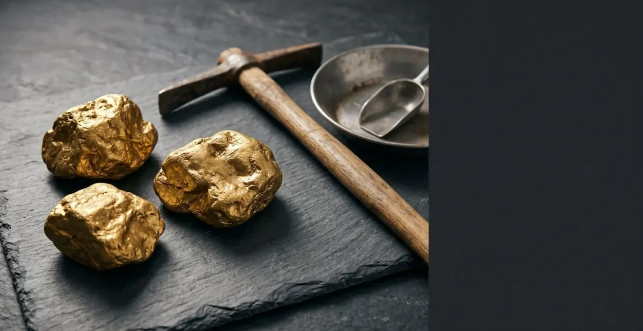 Lingots d'or brut disposés avec des outils artisanaux évoquant l'extraction minière responsable et la certification éthique
