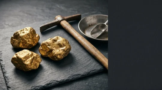 Lingots d'or brut disposés avec des outils artisanaux évoquant l'extraction minière responsable et la certification éthique