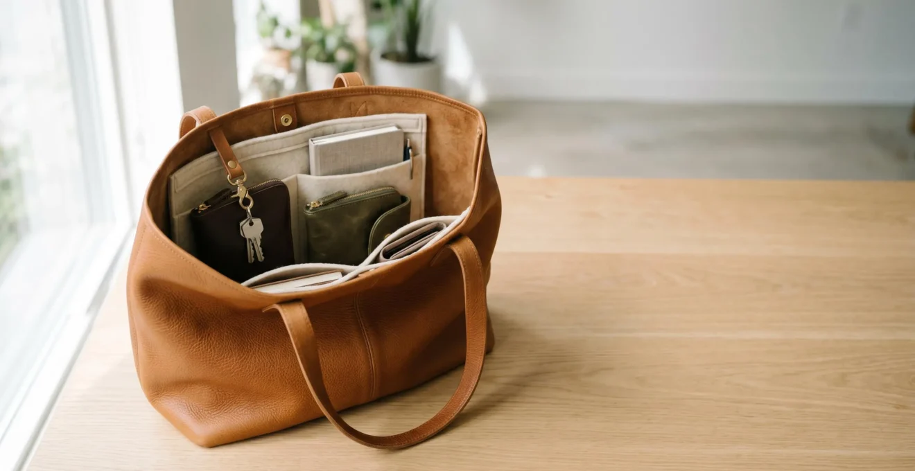 Grand sac cabas en cuir organisé avec compartiments et accessoires visibles sur fond minimaliste