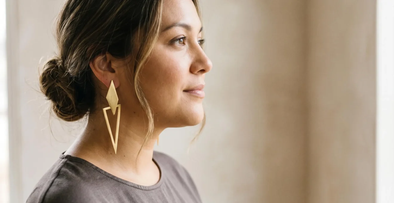 Paire de boucles d'oreilles pendantes elegantes tombant le long d'un cou gracieux mettant en valeur l'effet allongeant sur un visage
