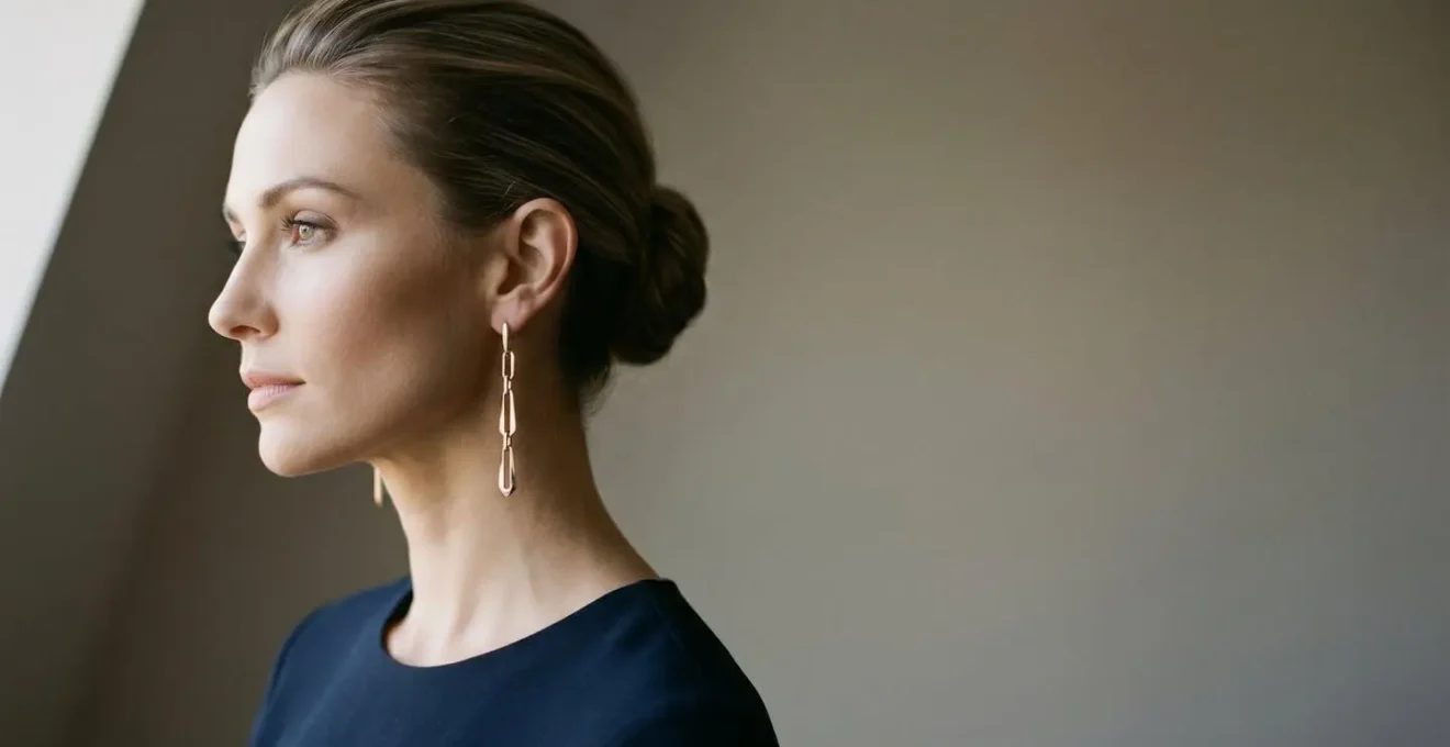 Femme élégante portant des pendants d'oreilles allongeants avec coiffure dégagée