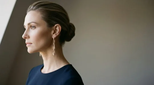 Femme élégante portant des pendants d'oreilles allongeants avec coiffure dégagée