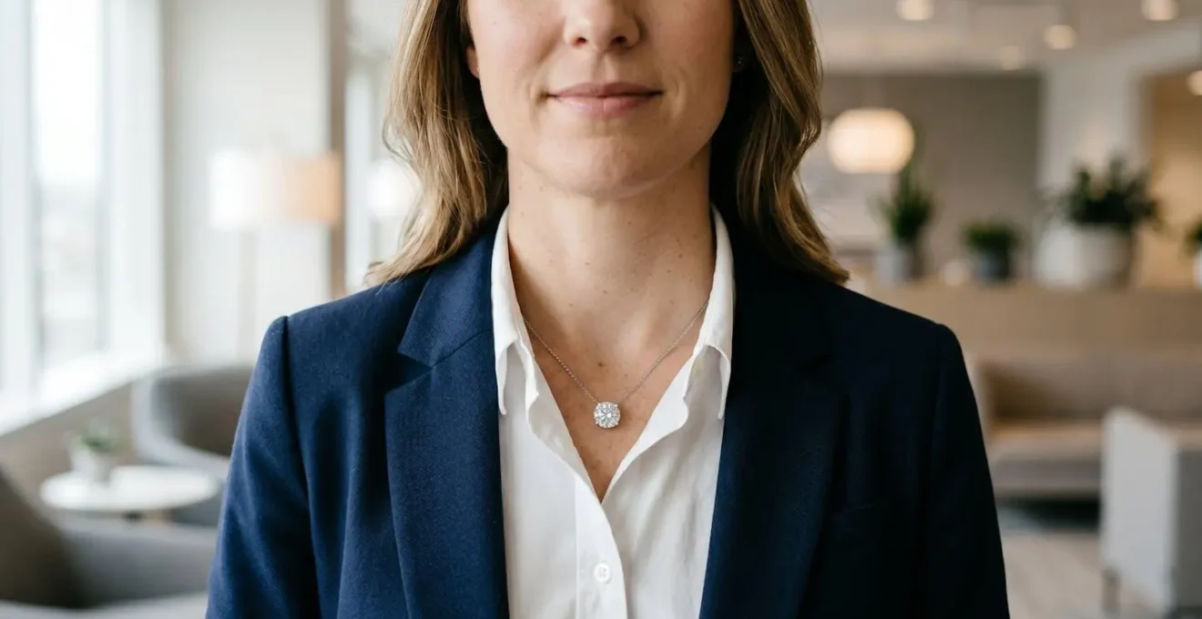Pendentif solitaire diamant porté avec élégance au bureau dans un environnement professionnel épuré