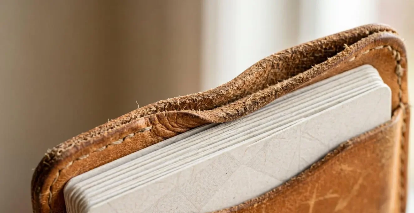Gros plan d'un porte-cartes en cuir naturel déformé par l'excès de cartes, montrant les contraintes mécaniques sur les fibres