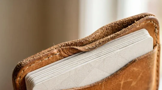 Gros plan d'un porte-cartes en cuir naturel déformé par l'excès de cartes, montrant les contraintes mécaniques sur les fibres