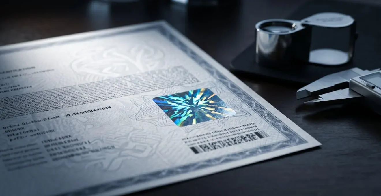 Examen détaillé d'un certificat gemmologique avec éléments de sécurité visibles