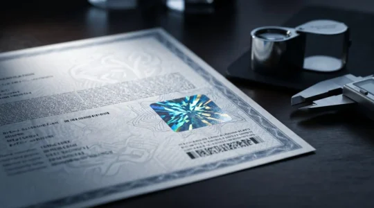 Examen détaillé d'un certificat gemmologique avec éléments de sécurité visibles