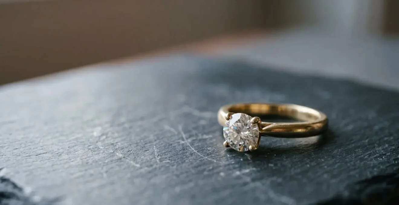 Gros plan artistique d'une bague de fiançailles solitaire sur une surface réfléchissante avec jeu de lumière naturelle et profondeur de champ pour illustrer la différence entre perception virtuelle et réelle