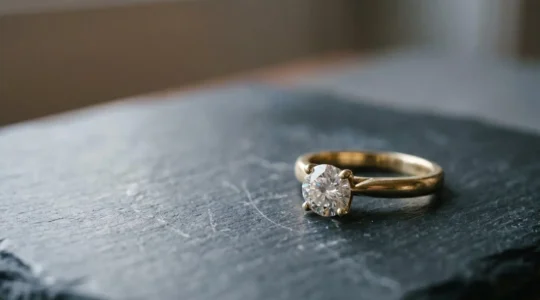 Gros plan artistique d'une bague de fiançailles solitaire sur une surface réfléchissante avec jeu de lumière naturelle et profondeur de champ pour illustrer la différence entre perception virtuelle et réelle