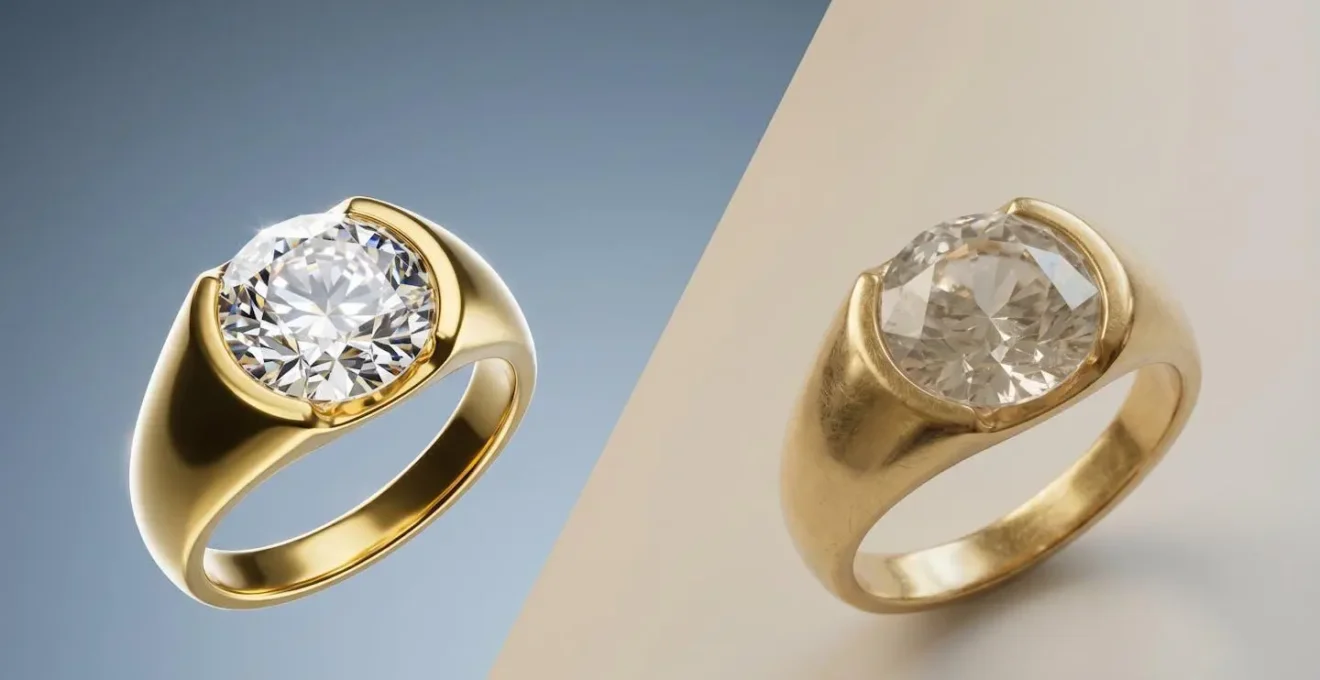 Rendu photoréaliste d'une bague de fiançailles illustrant le contraste entre perception numérique et réalité physique