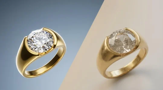Rendu photoréaliste d'une bague de fiançailles illustrant le contraste entre perception numérique et réalité physique