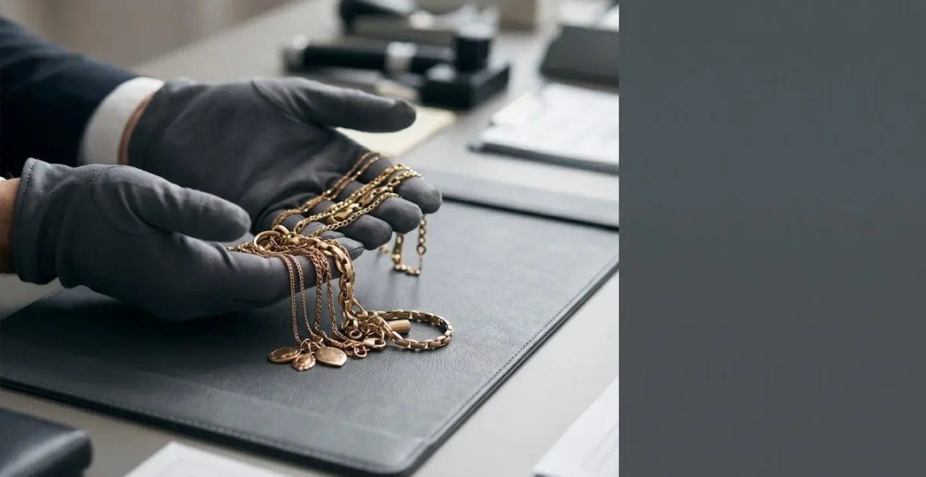 Mains gantées tenant délicatement des bijoux en or ancien sur une surface professionnelle, évoquant l'expertise et la réglementation du rachat d'or en France