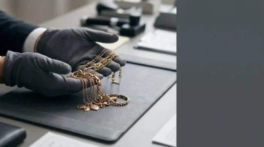 Mains gantées tenant délicatement des bijoux en or ancien sur une surface professionnelle, évoquant l'expertise et la réglementation du rachat d'or en France