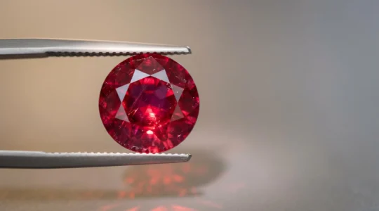 Rubis birman de couleur sang de pigeon sous lumière naturelle révélant sa fluorescence caractéristique