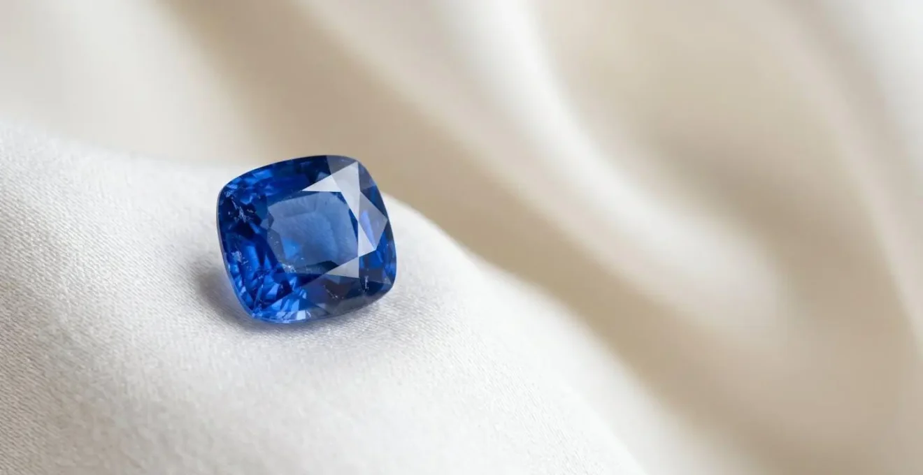 Saphir de Ceylan présentant son bleu velouté caractéristique sous lumière naturelle