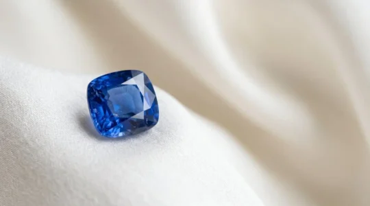 Saphir de Ceylan présentant son bleu velouté caractéristique sous lumière naturelle